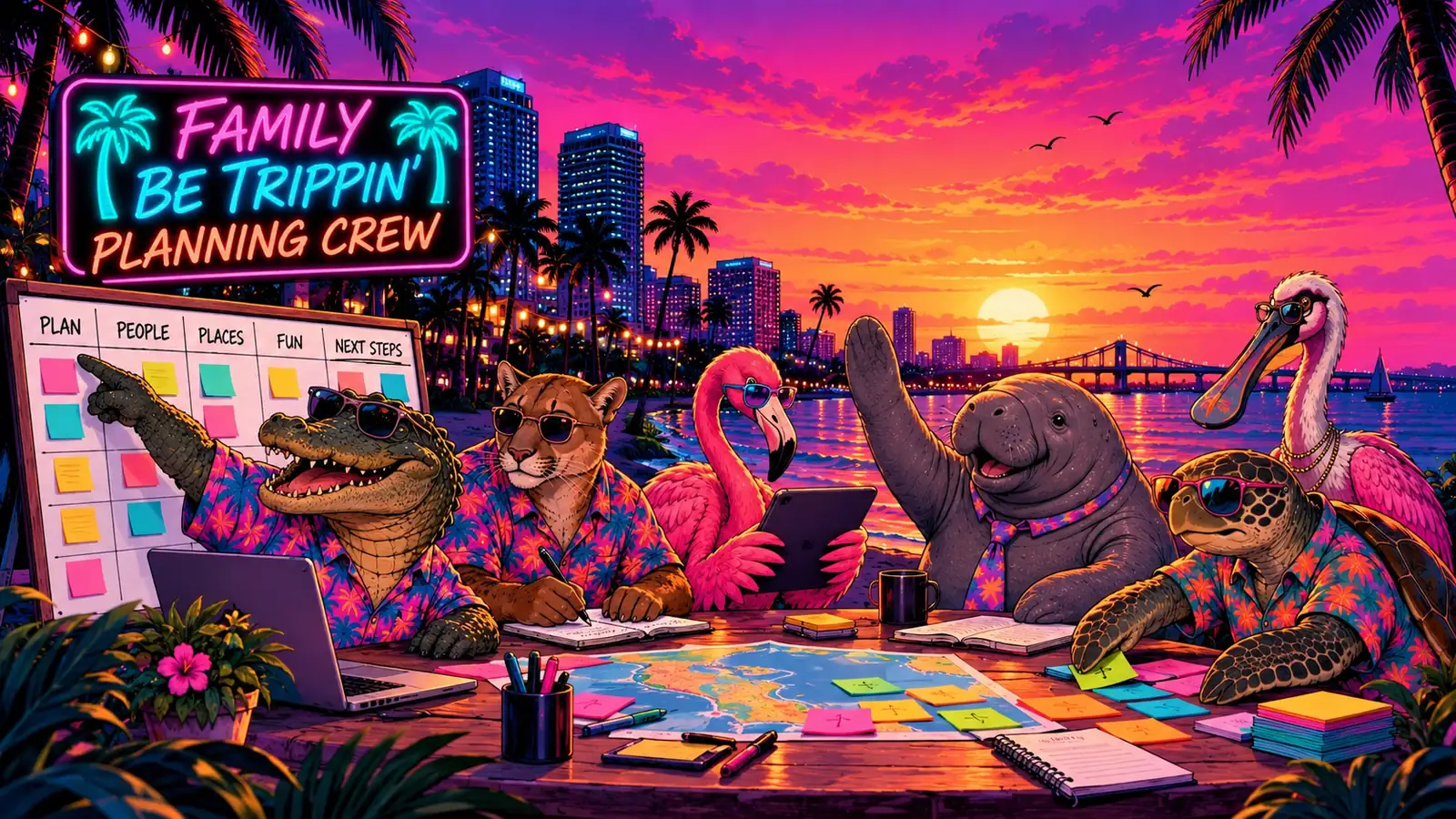 Family Be Trippin animal planning crew collaborating around a Tampa waterfront table