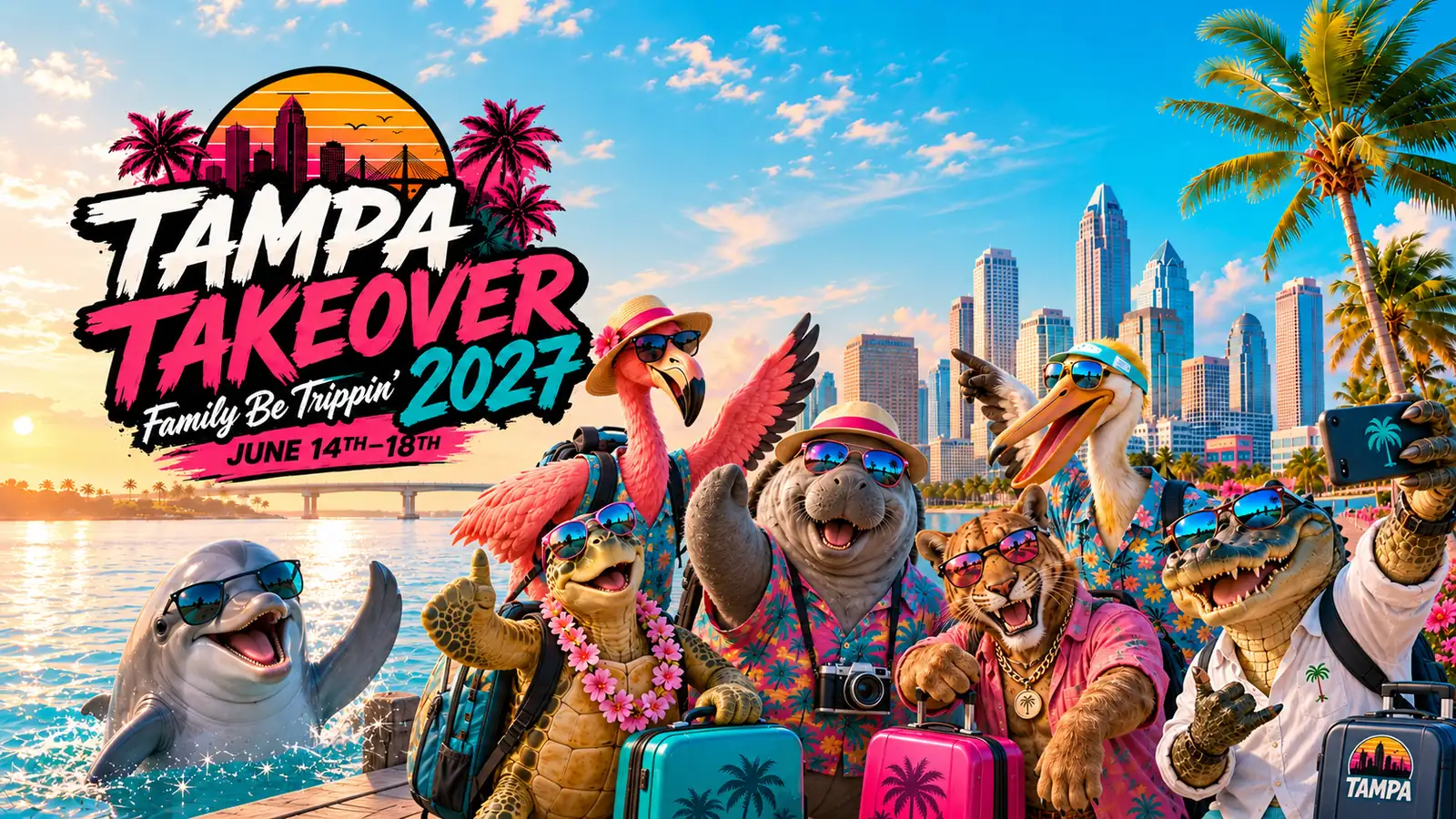 Tampa Takeover 2027 animal welcome crew arriving with luggage along the Tampa waterfront