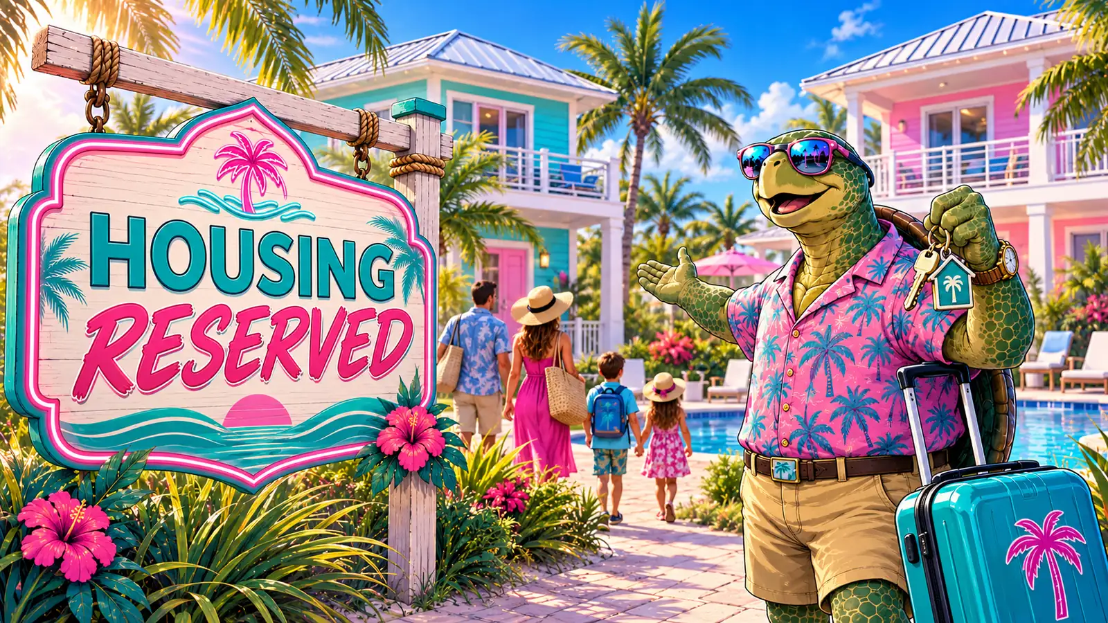 Sea turtle welcoming the family to the reserved pool villas with keys and luggage