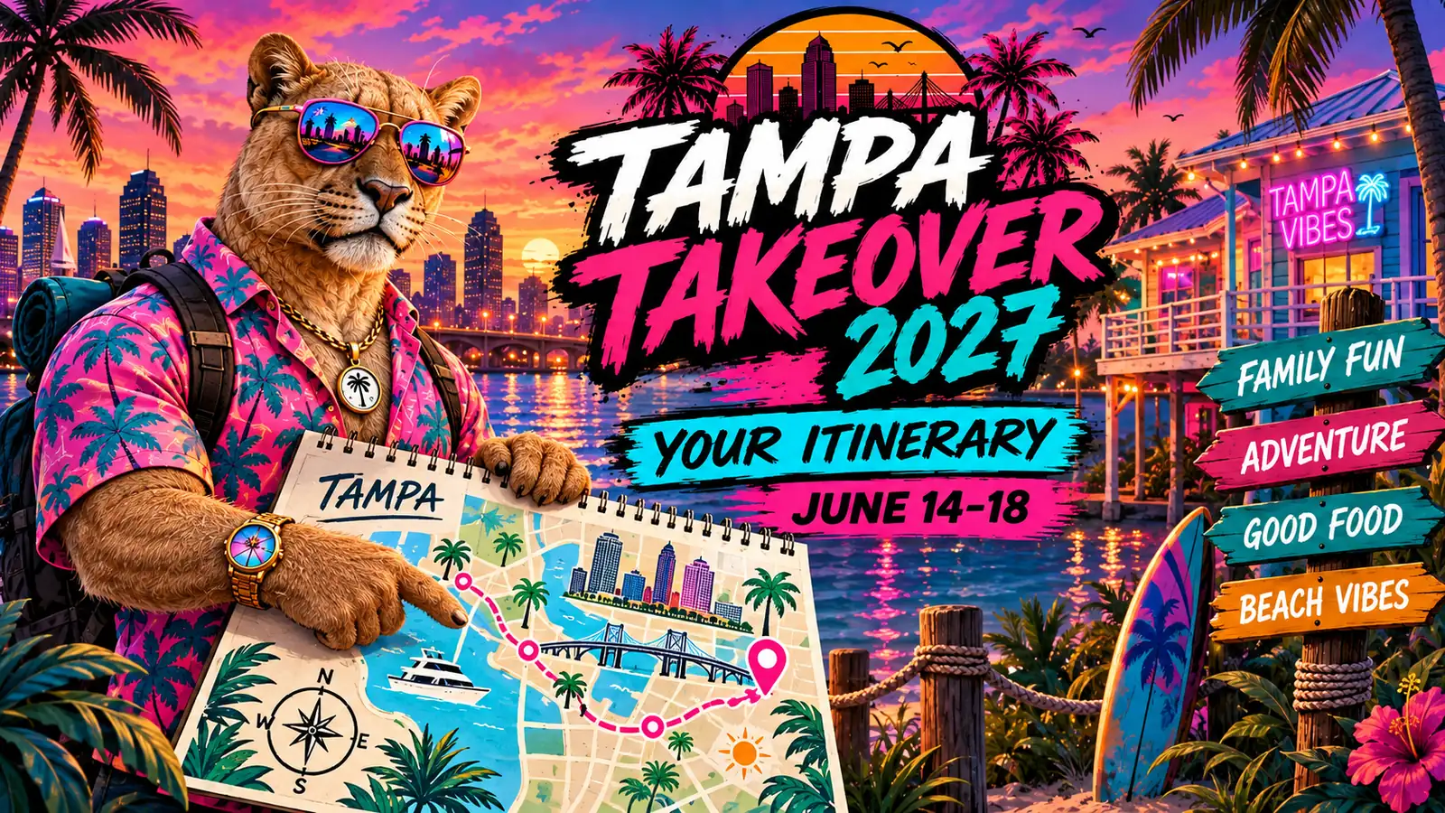 Tampa Takeover 2027 itinerary banner with the animal trip leader checking a calendar and route map