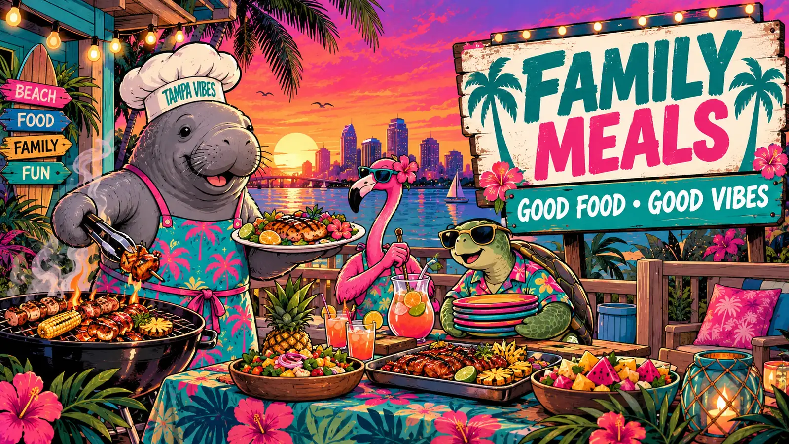 Animal culinary crew grilling and setting out family meals along the Tampa waterfront