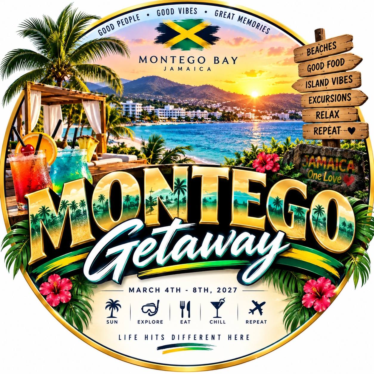 Montego Getaway Jamaica poster with tropical beach scenery