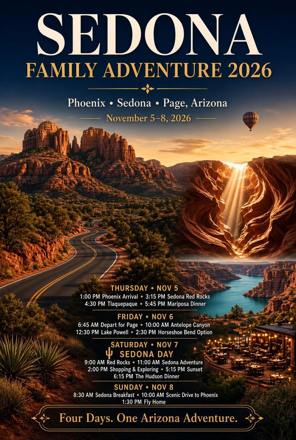 Sedona Family Adventure 2026 poster featuring Sedona, Antelope Canyon, Lake Powell, and Page, Arizona