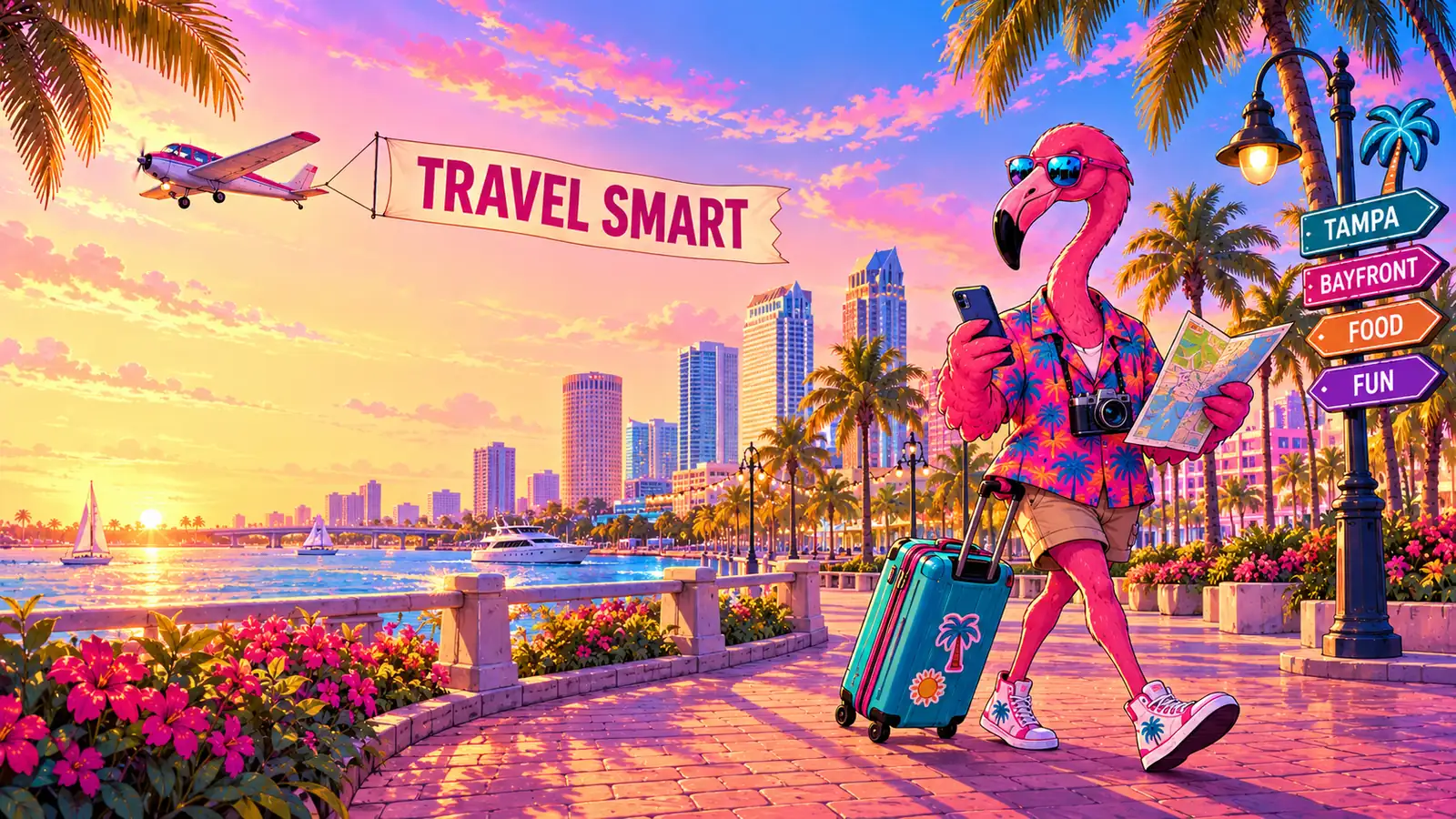 Flamingo traveler navigating Tampa with luggage, a map, and a phone