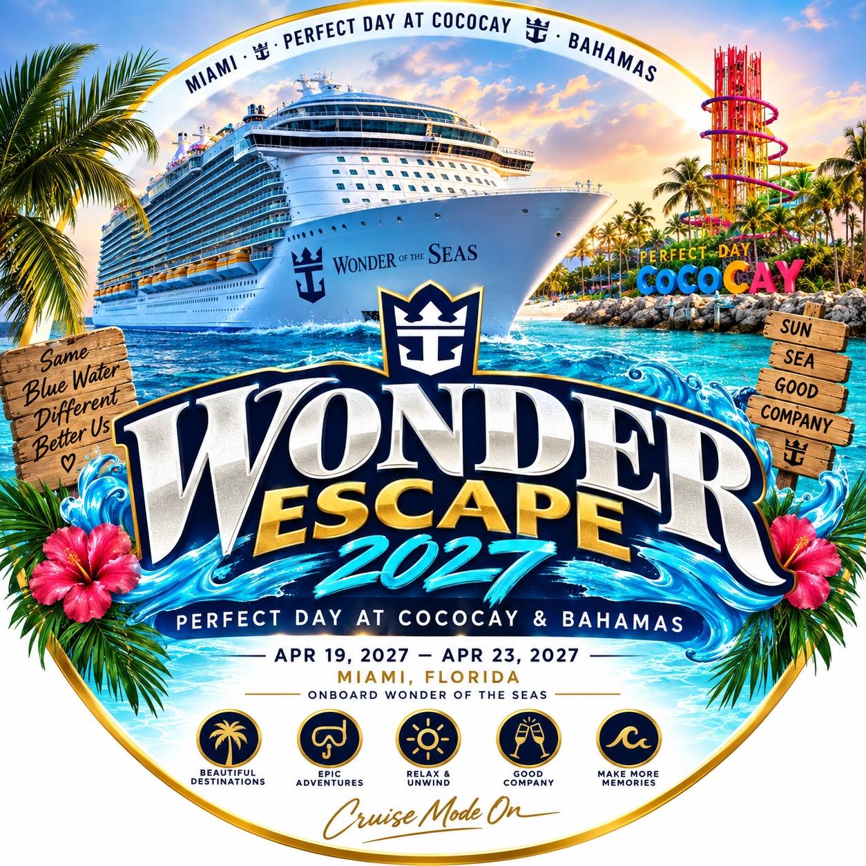 Wonder Escape 2027 cruise poster featuring Wonder of the Seas and Perfect Day at CocoCay